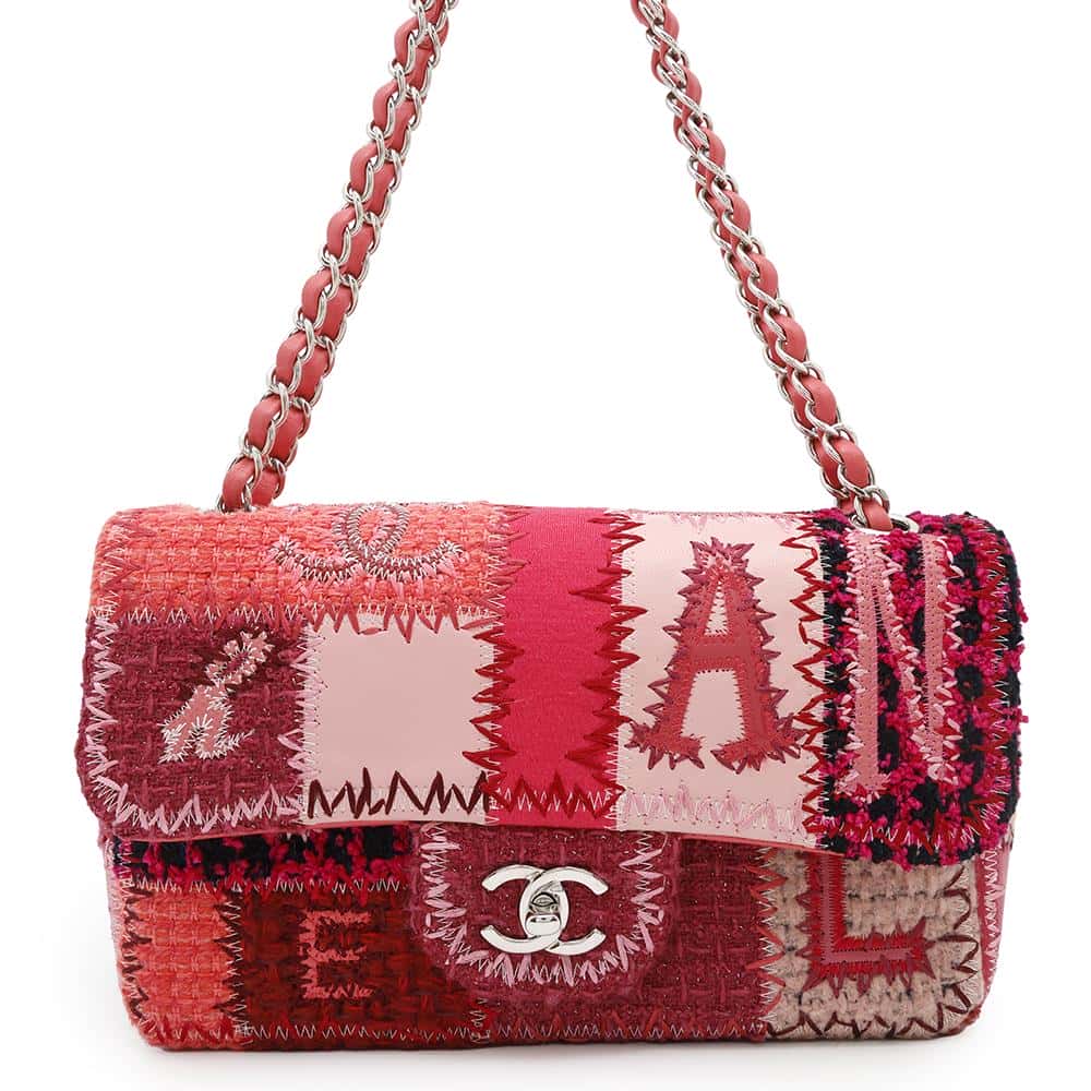 Chanel Patchwork Single Flap ChainShoulder PinkA65468 Tweed Red Leather Shoulder Bag
