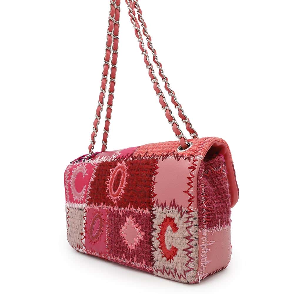 Chanel Patchwork Single Flap ChainShoulder PinkA65468 Tweed Red Leather Shoulder Bag
