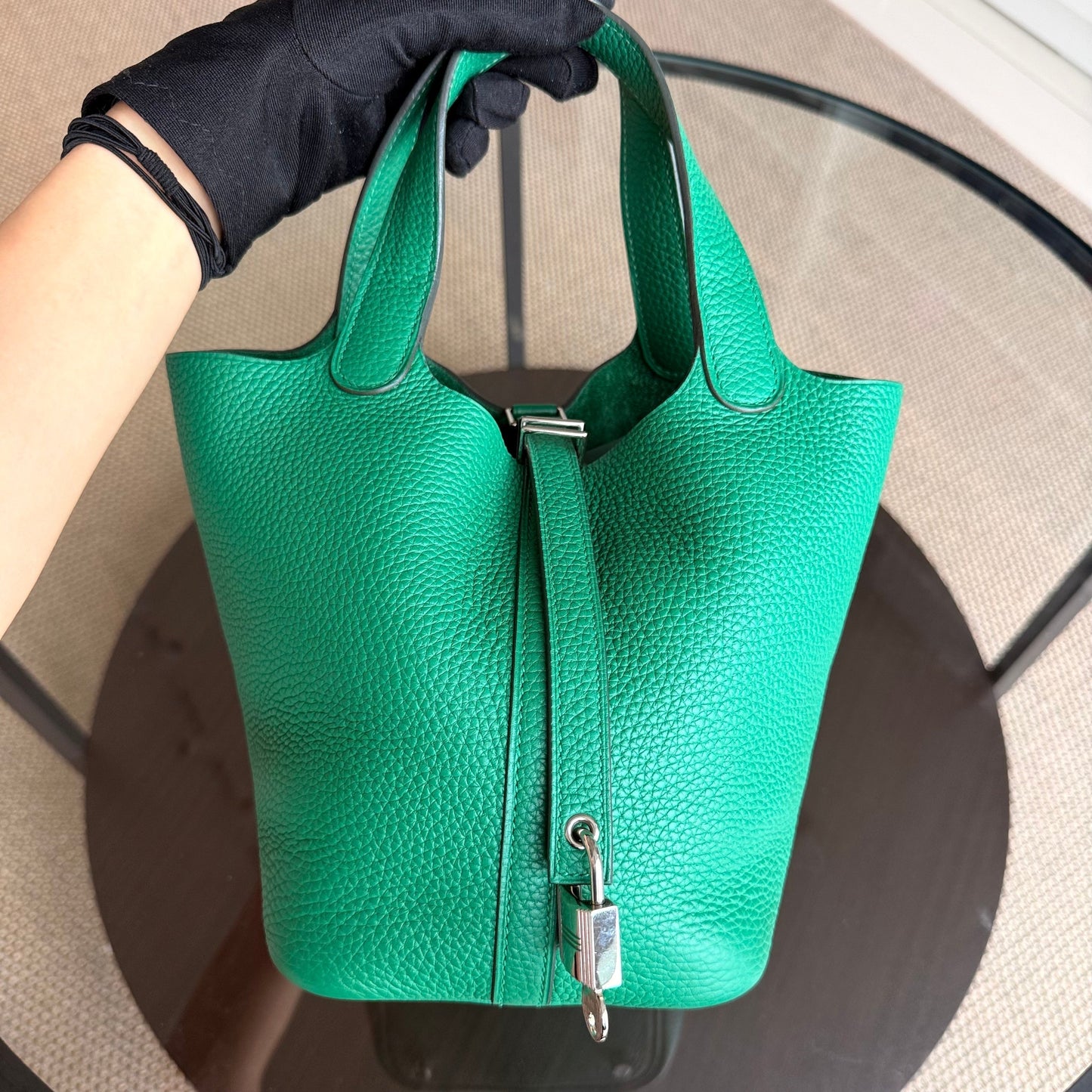 Hermes Picotin Bambou Vert Vertigo Clemence Hardware Handbag Leather Silver Travel Bag