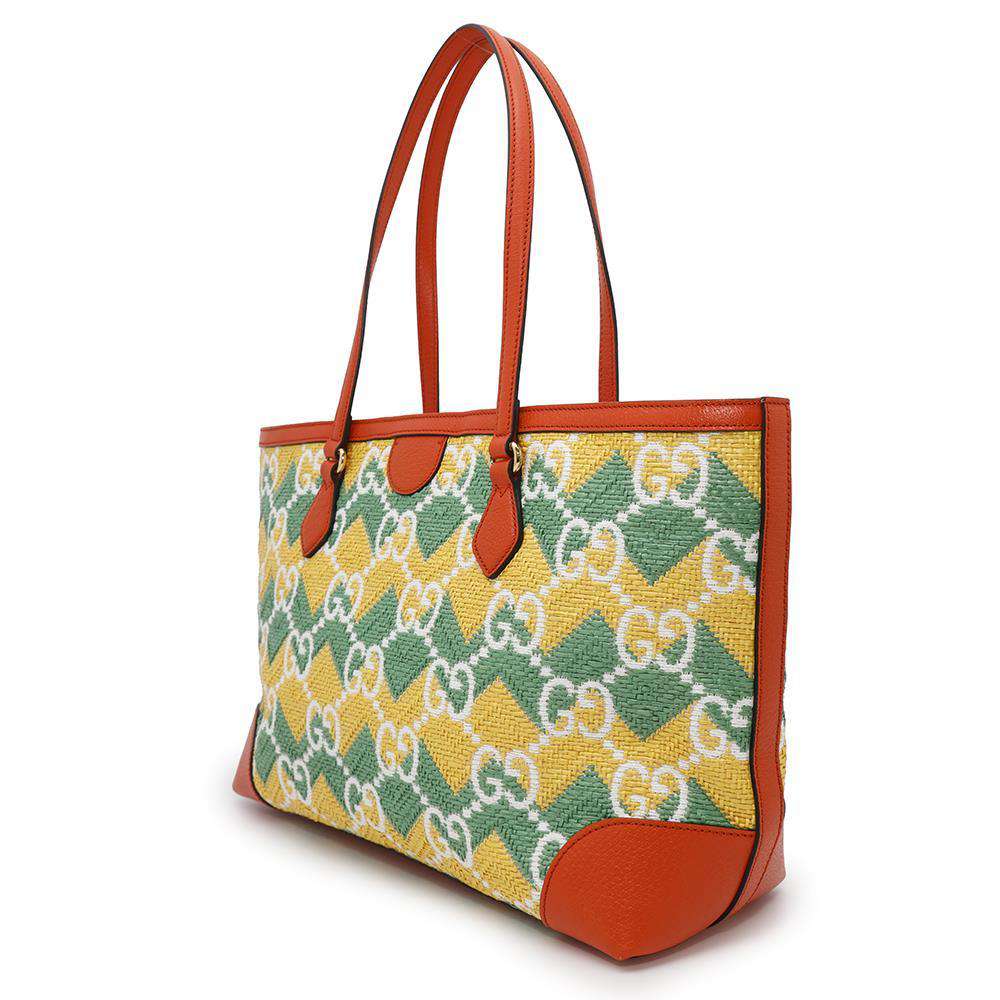 Gucci GG Pattern OKINAWA Yellow Orange631685 Leather Raffia Green Tote Bag