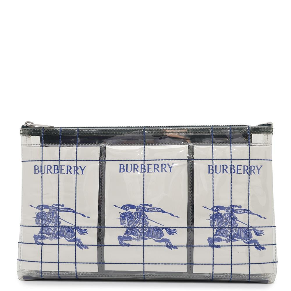 Burberry Ekd Label Pouch Transparent Plastics Handbag Canvas White Travel Bag