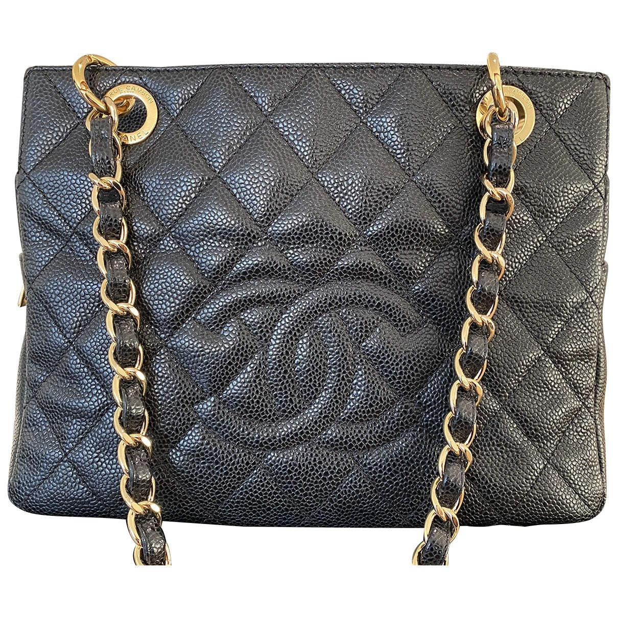 Chanel petite shopping tote black leather handbag