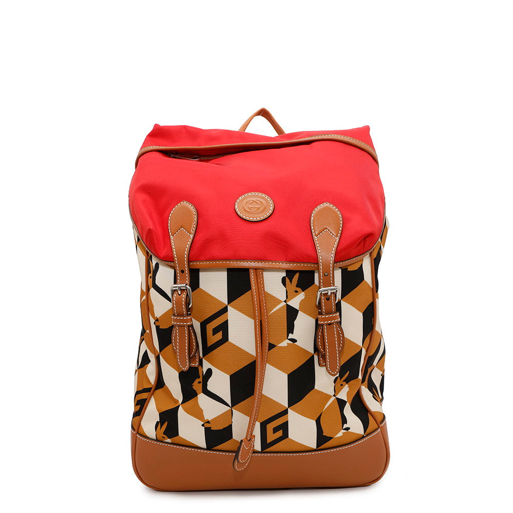 Gucci Interlocking G Rabbit Backpack Red696013 Leather Nylon Brown