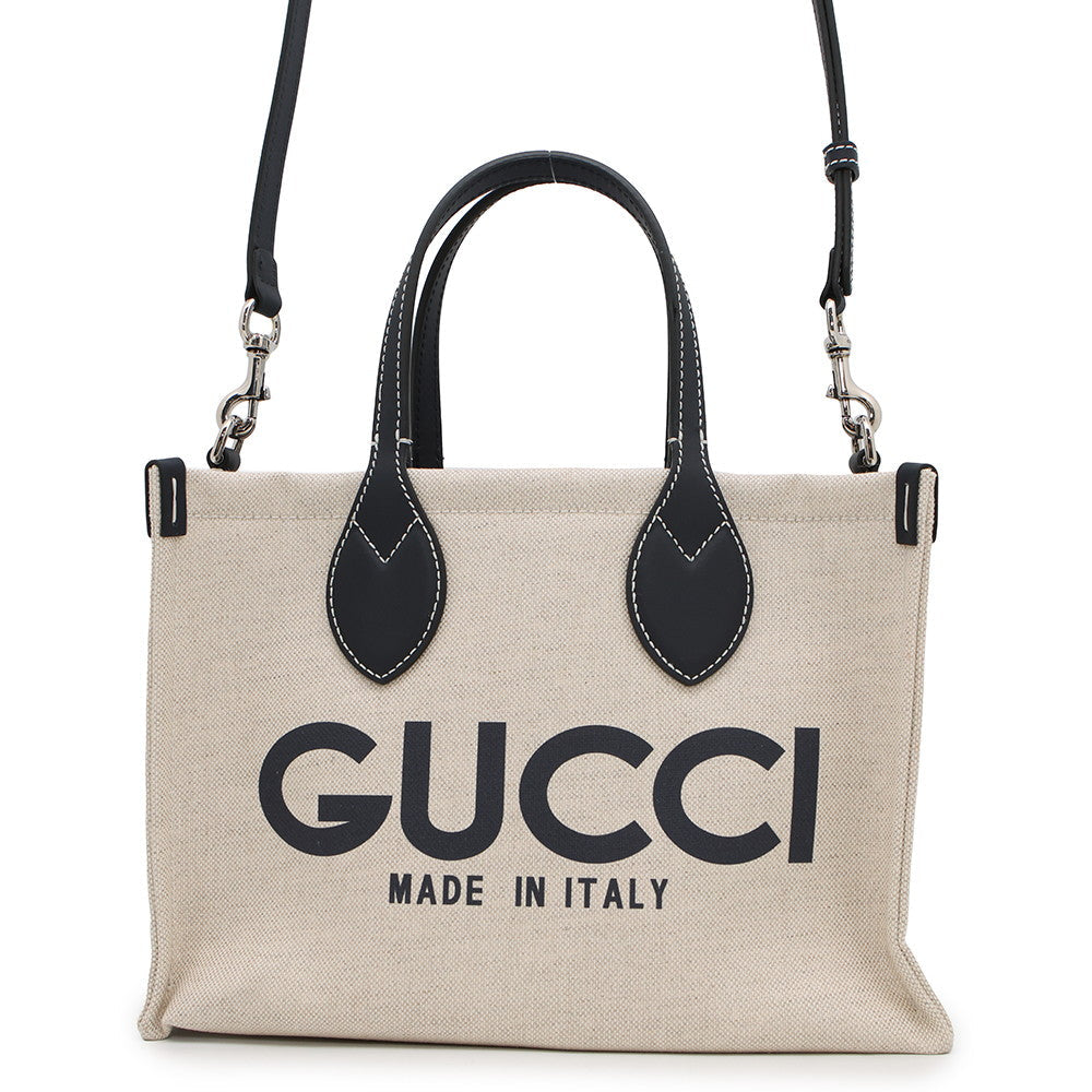 Gucci Print CanvasxLeather Beige Medium Logo Tote Bag