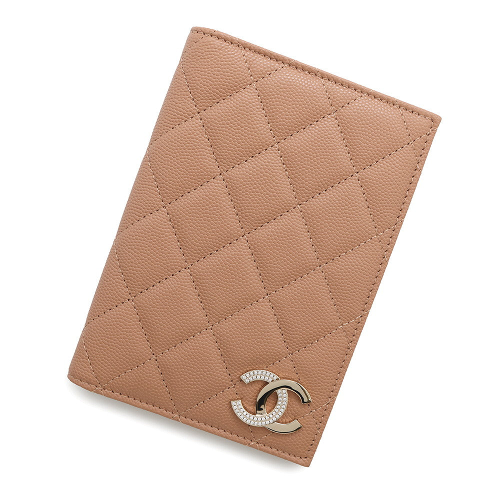 Chanel Matelasse Passport Cover BeigeAP4182 Caviar Rhinestone Leather Wallet Case