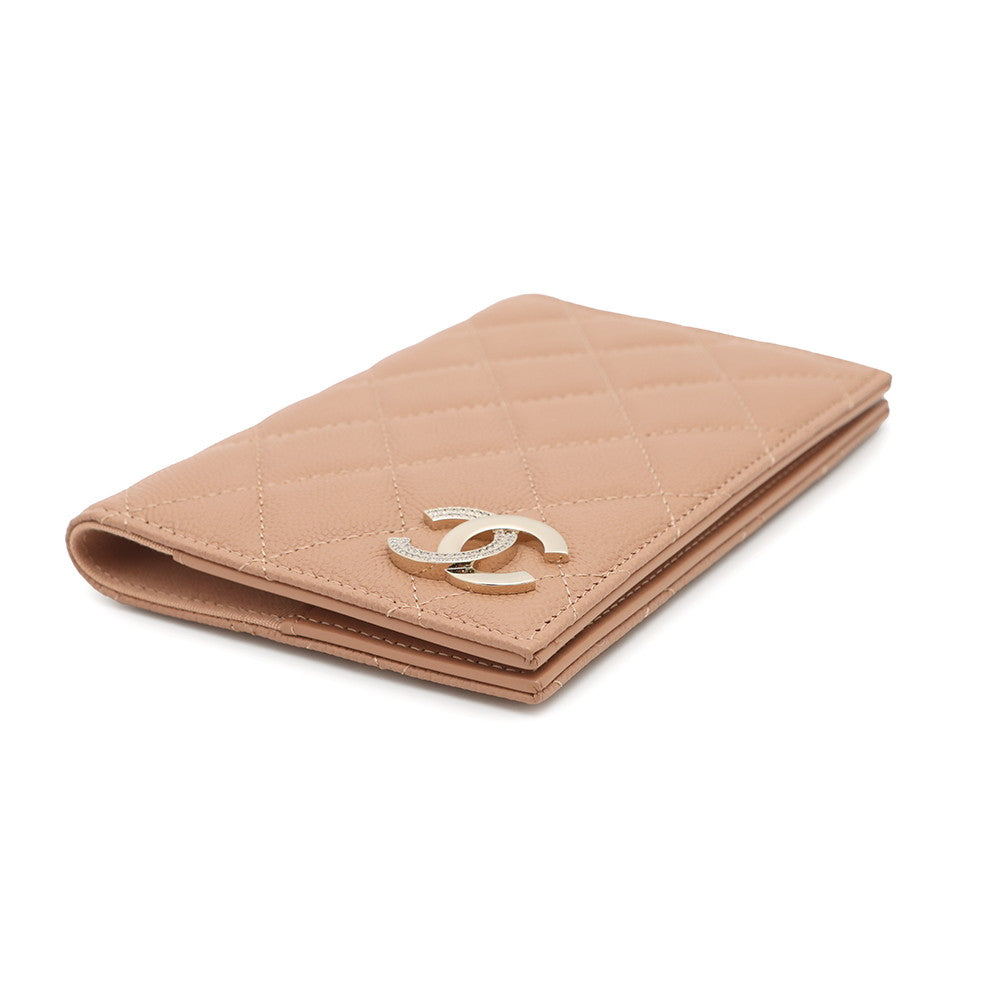 Chanel Matelasse Passport Cover BeigeAP4182 Caviar Rhinestone Leather Wallet Case