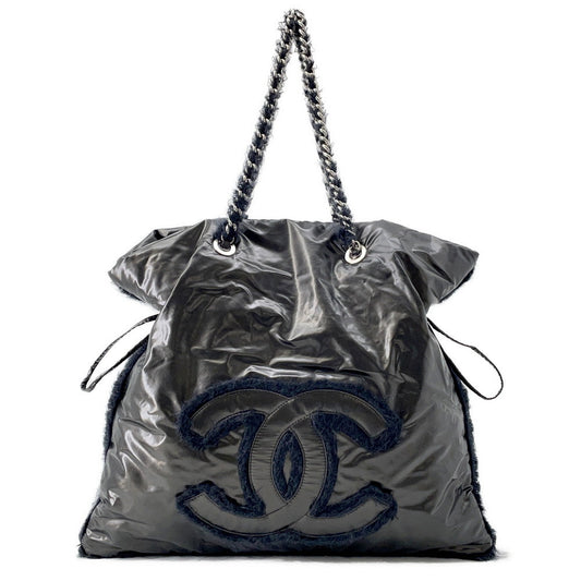 Chanel CC Logo ChainTote Nylon Fur Black Tote Bag