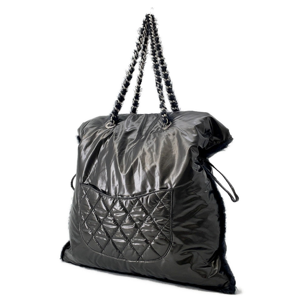 Chanel CC Logo ChainTote Nylon Fur Black Tote Bag