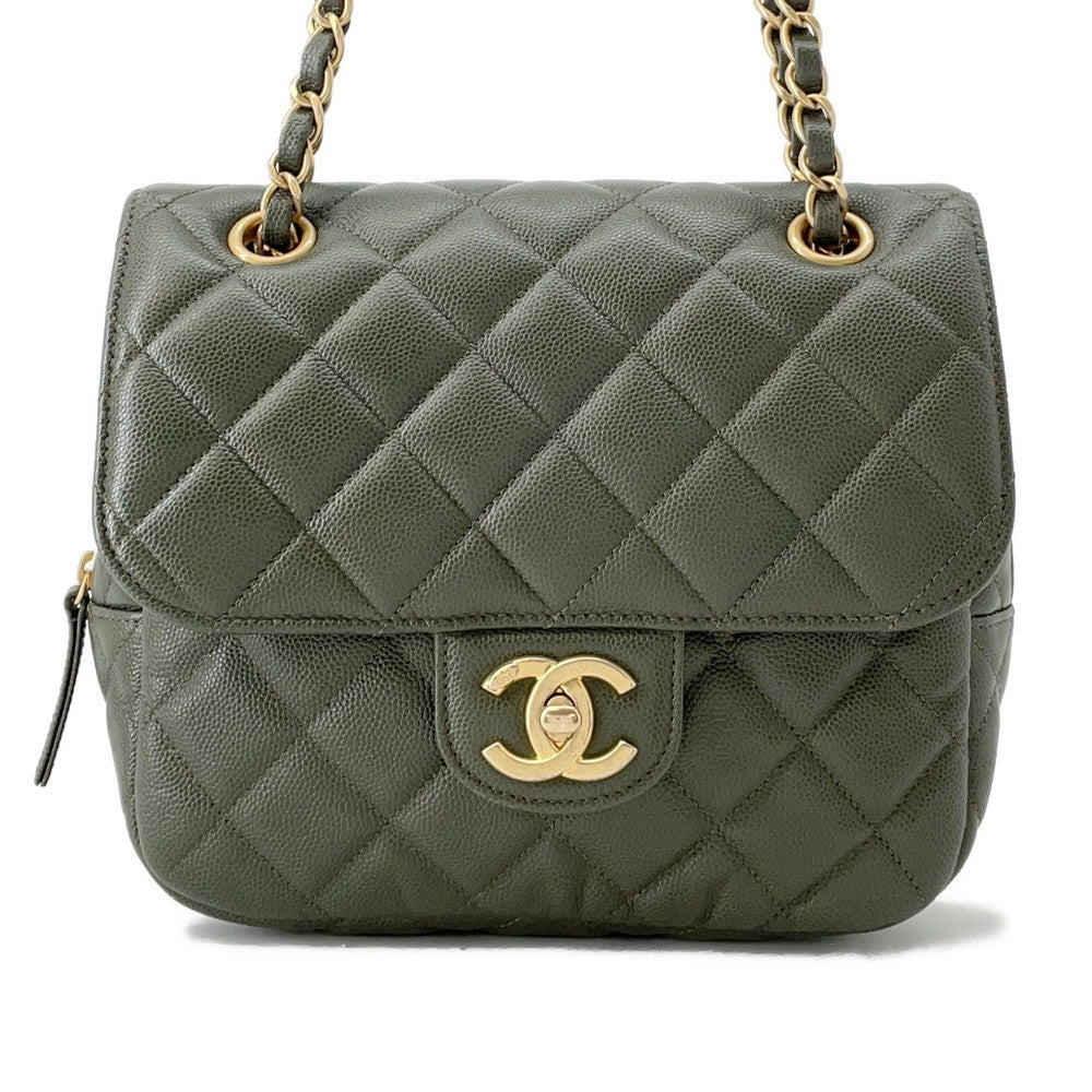 Chanel Matelasse ChainShoulder Khaki Caviar Leather Shoulder Bag