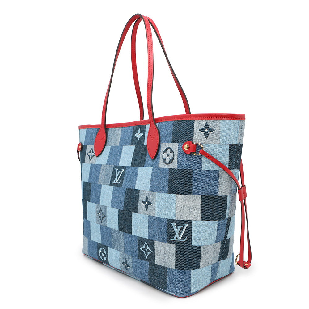 Louis Vuitton Square Patchwork Neverfull RedM44981 Denim Monogram Blue MM Tote Bag