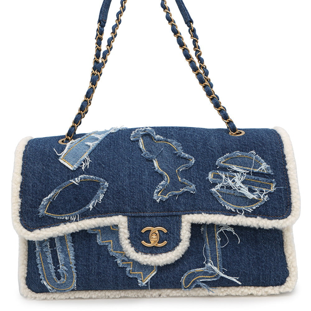 Chanel Egyptian Line Single Flap Double Denim Blue Shoulder Bag