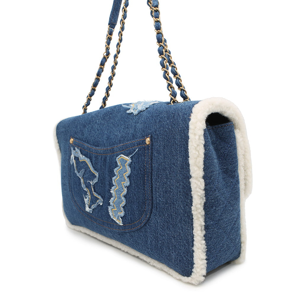 Chanel Egyptian Line Single Flap Double Denim Blue Shoulder Bag