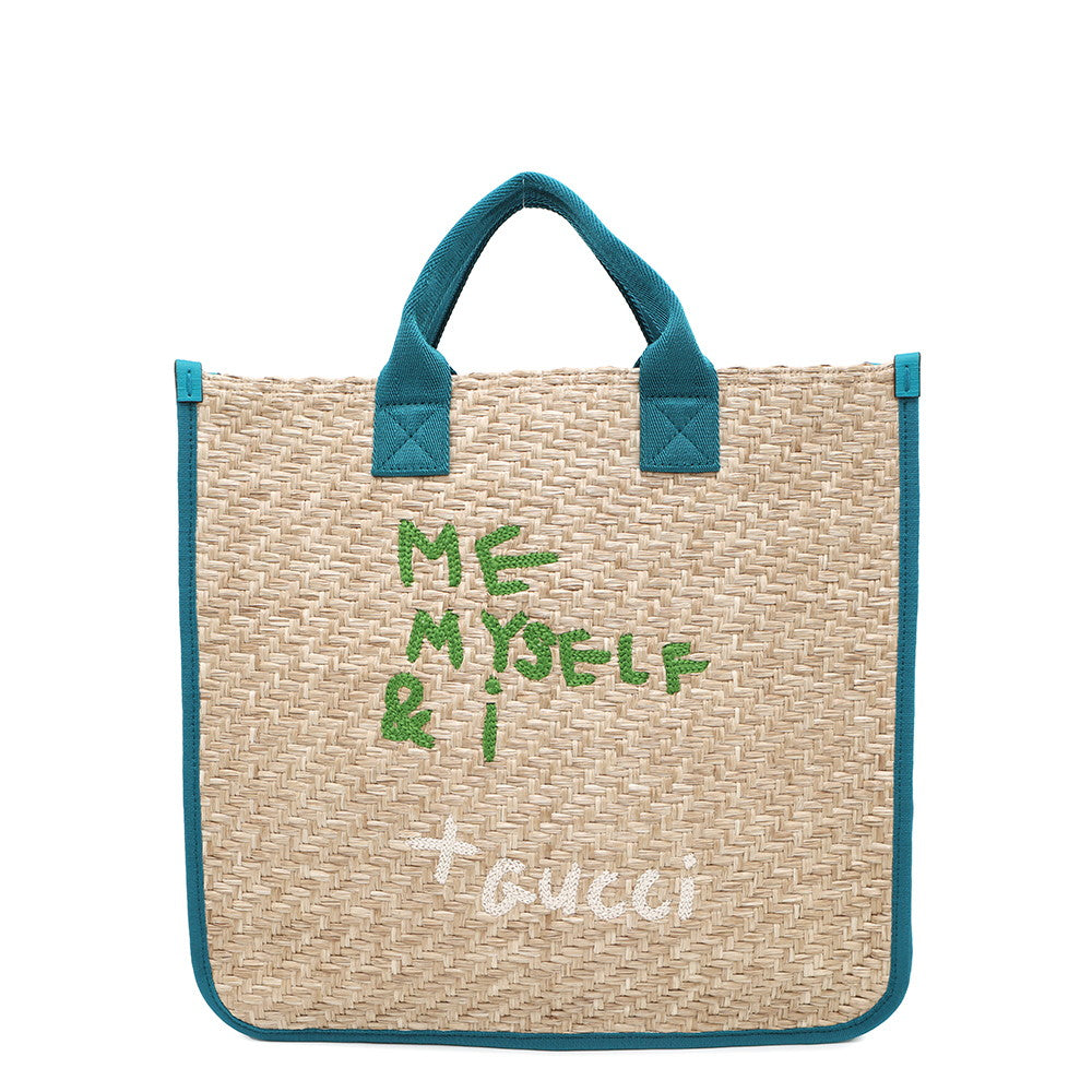 Gucci Children's Emerald Green605831 Straw Beige Tote Bag