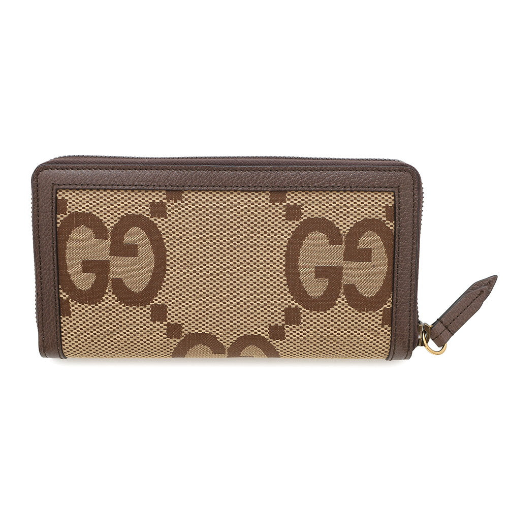 Gucci Jumbo GG Bamboo Zip Around Leather Canvas Beige Wallet Case