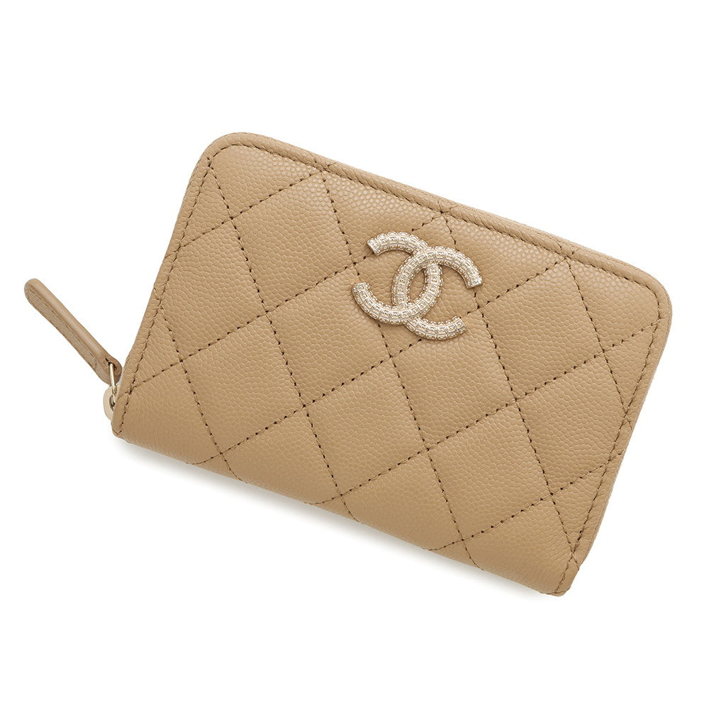 Chanel Matelasse Classic Zip Coin Purse Caviar Beige Leather Wallet Case