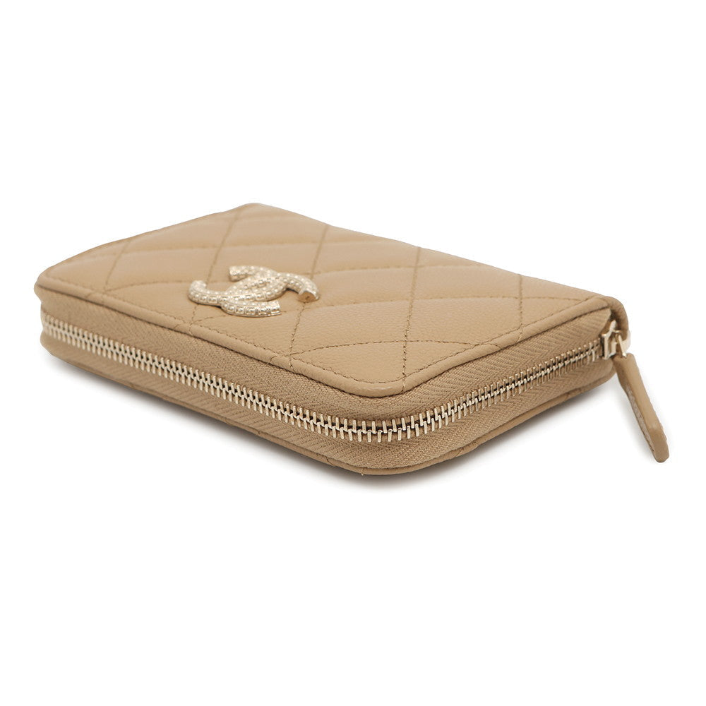 Chanel Matelasse Classic Zip Coin Purse Caviar Beige Leather Wallet Case