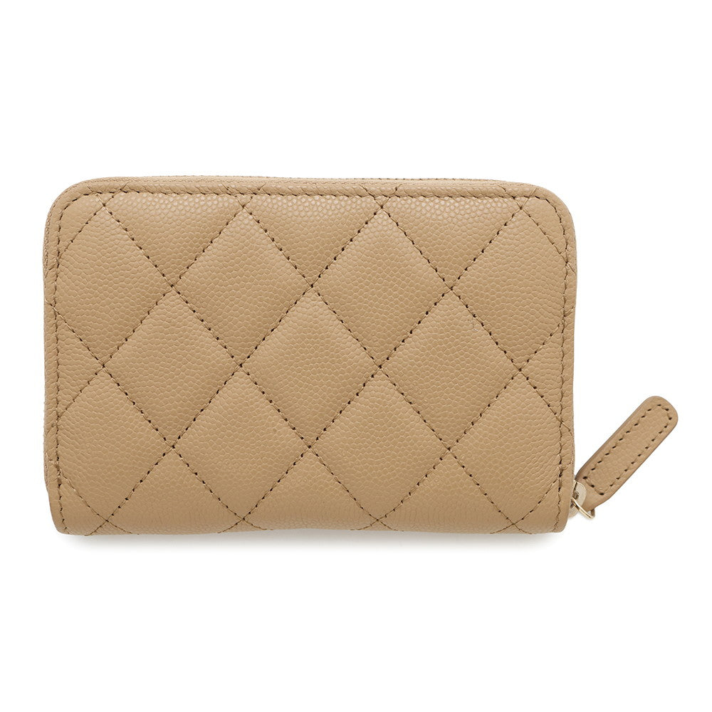 Chanel Matelasse Classic Zip Coin Purse Caviar Beige Leather Wallet Case