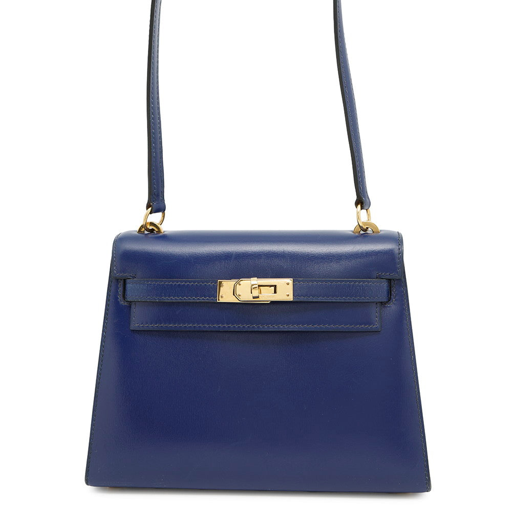 Kelly Saphir Box Calf Handbag Leather Blue Travel Bag
