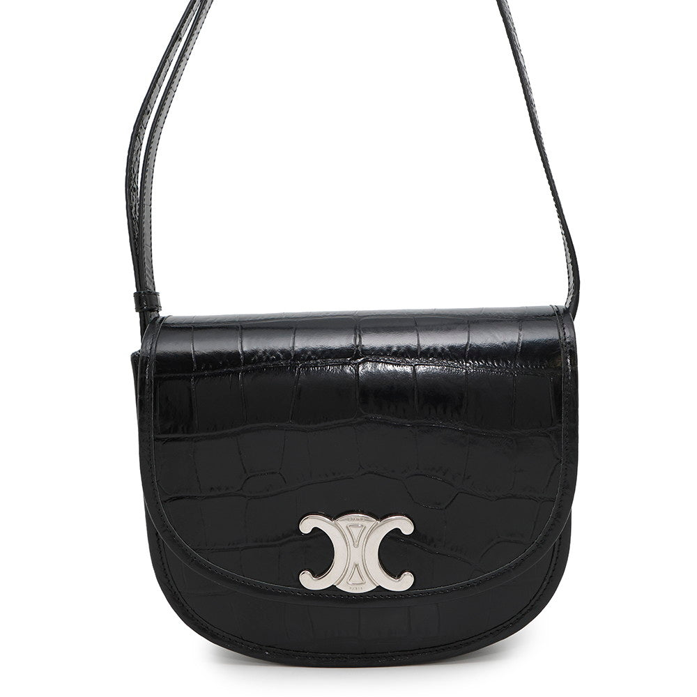Busas Shoulder Bag Croco Embossed Size Leather Black