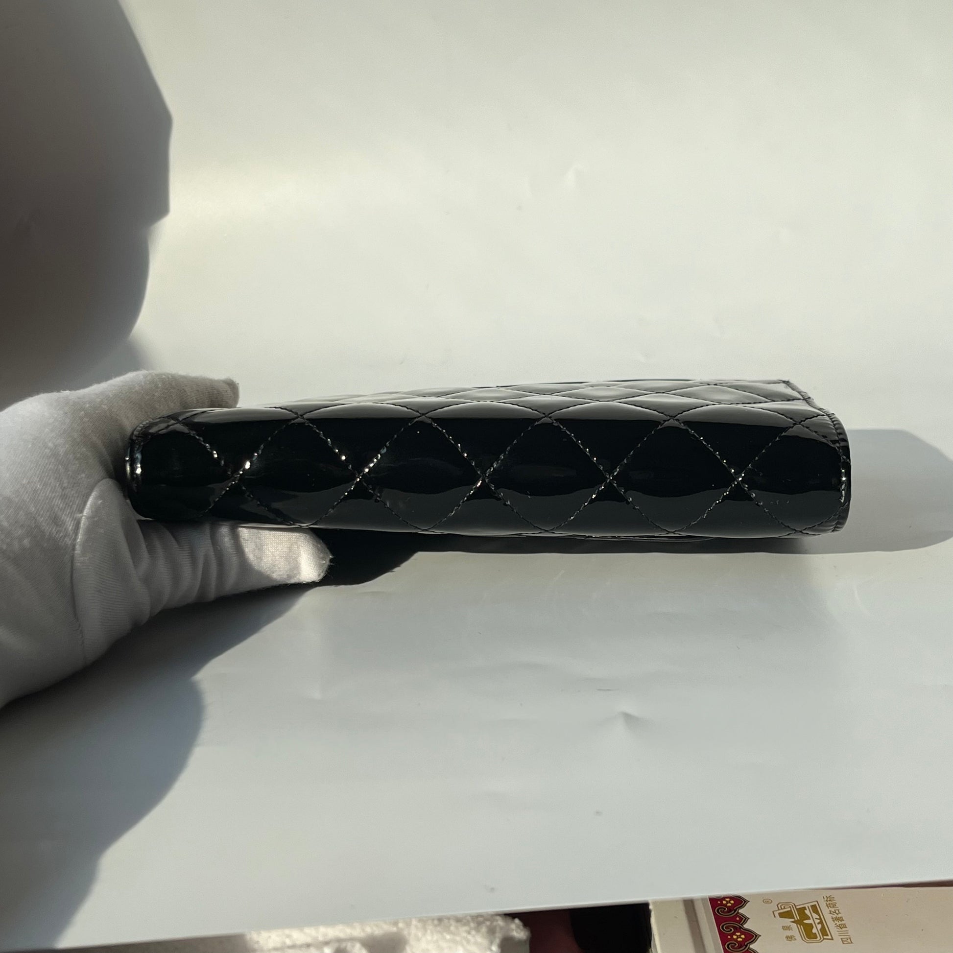 Chanel on Classic Flap Patent Black Leather Wallet Case