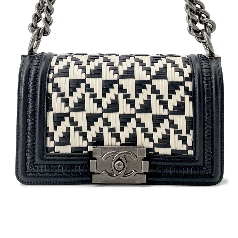 Chanel Boy Woven Chainshoulder BlackA67085 White Small Leather Shoulder Bag