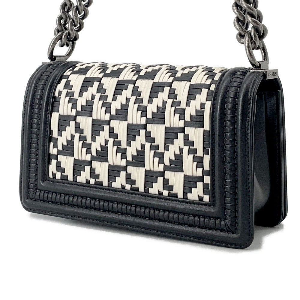 Chanel Boy Woven Chainshoulder BlackA67085 White Small Leather Shoulder Bag