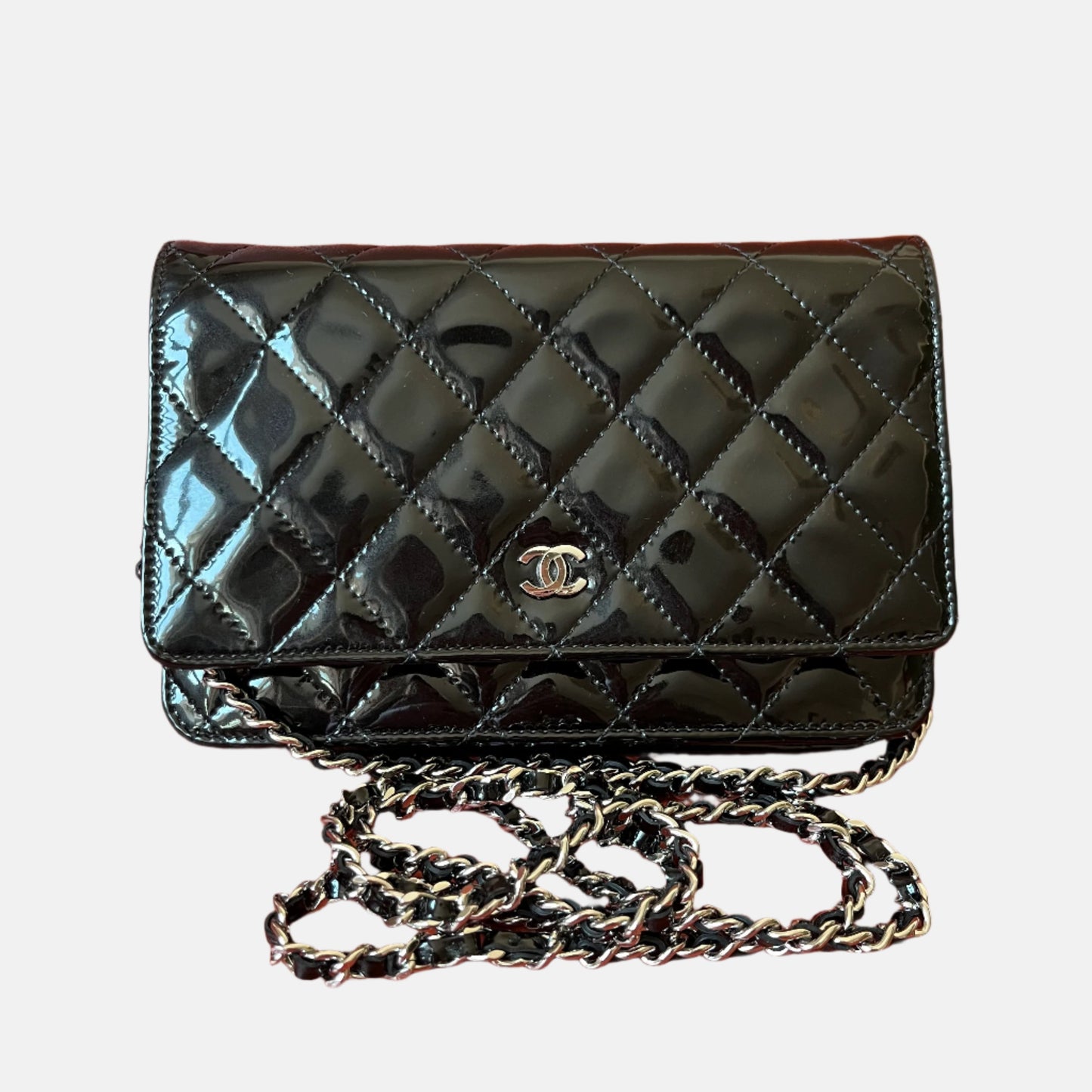 Chanel on Classic Flap Patent Black Leather Wallet Case