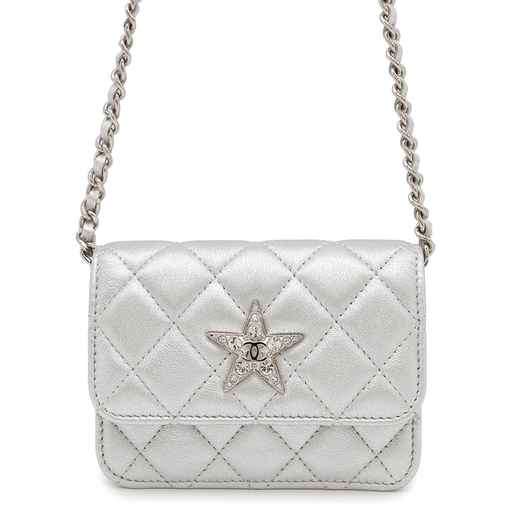 Chanel Star Motif Card Lambskin Silver Wallet Case