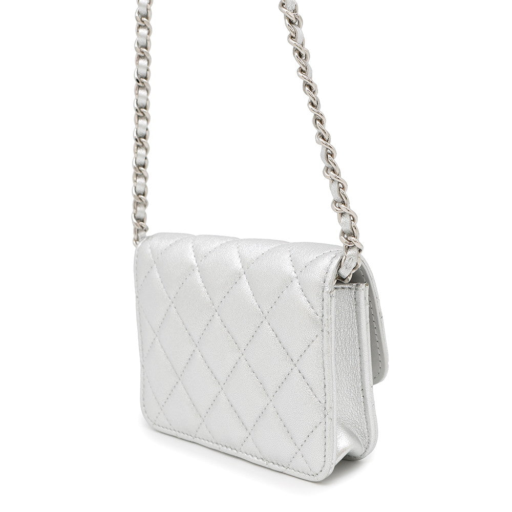 Chanel Star Motif Card Lambskin Silver Wallet Case