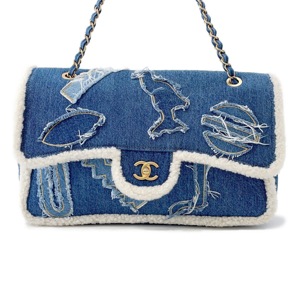 Chanel Egyptian Line Single Flap Denim Mouton Blue Shoulder Bag