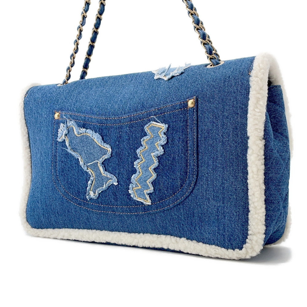 Chanel Egyptian Line Single Flap Denim Mouton Blue Shoulder Bag