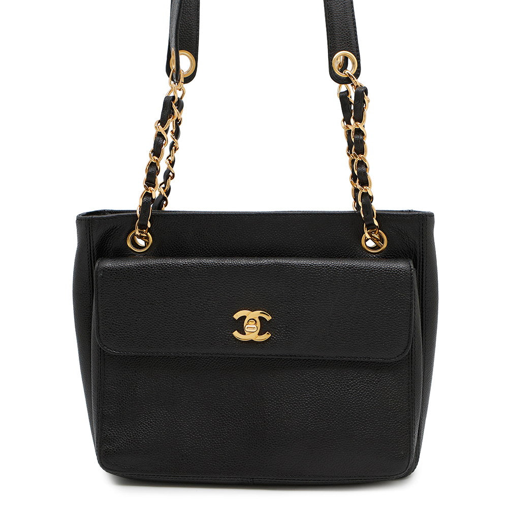 Chanel CC Logo ChainTote Caviar Black Leather Tote Bag