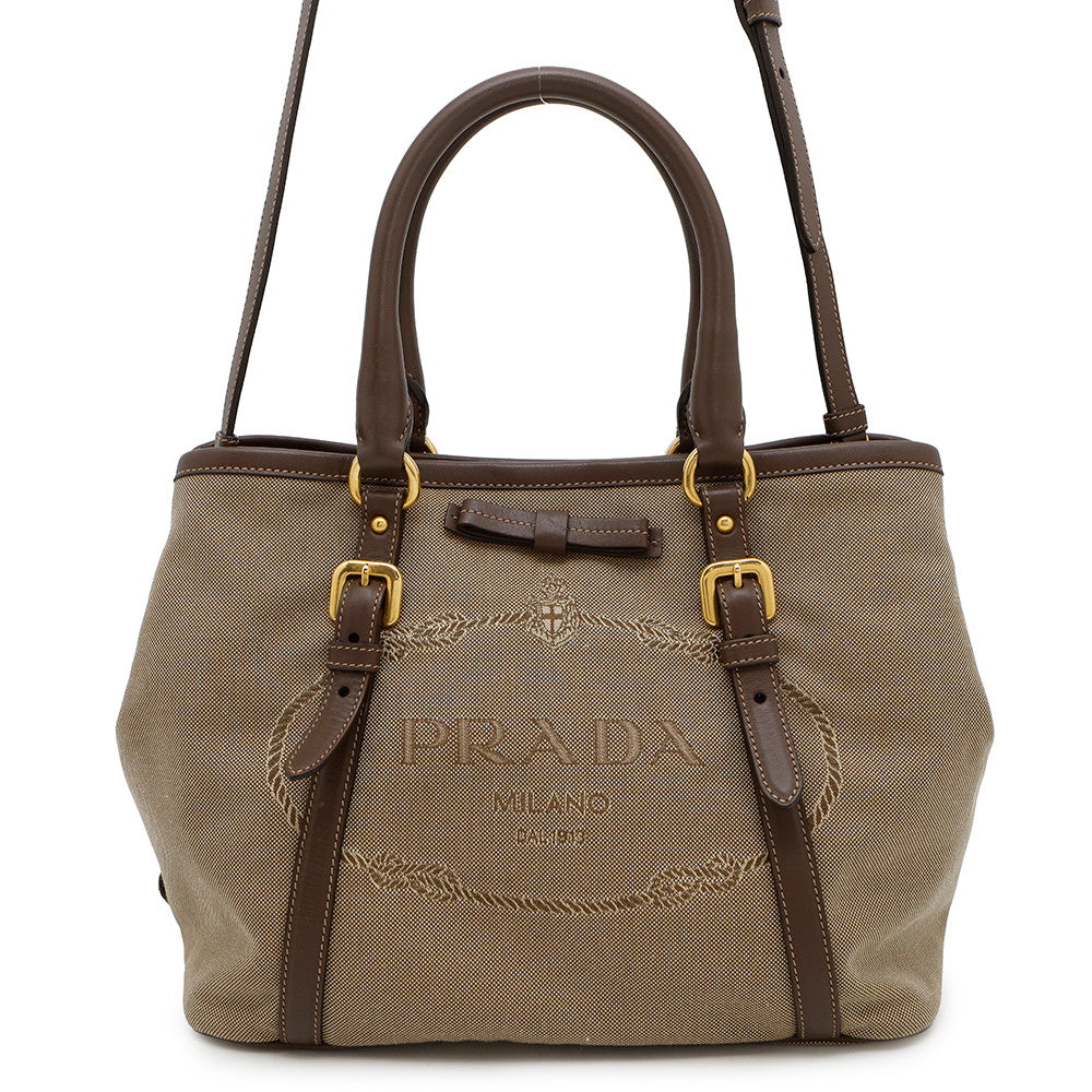 Logo Jacquard Way Tote Bag Khakibn Leather Canvas