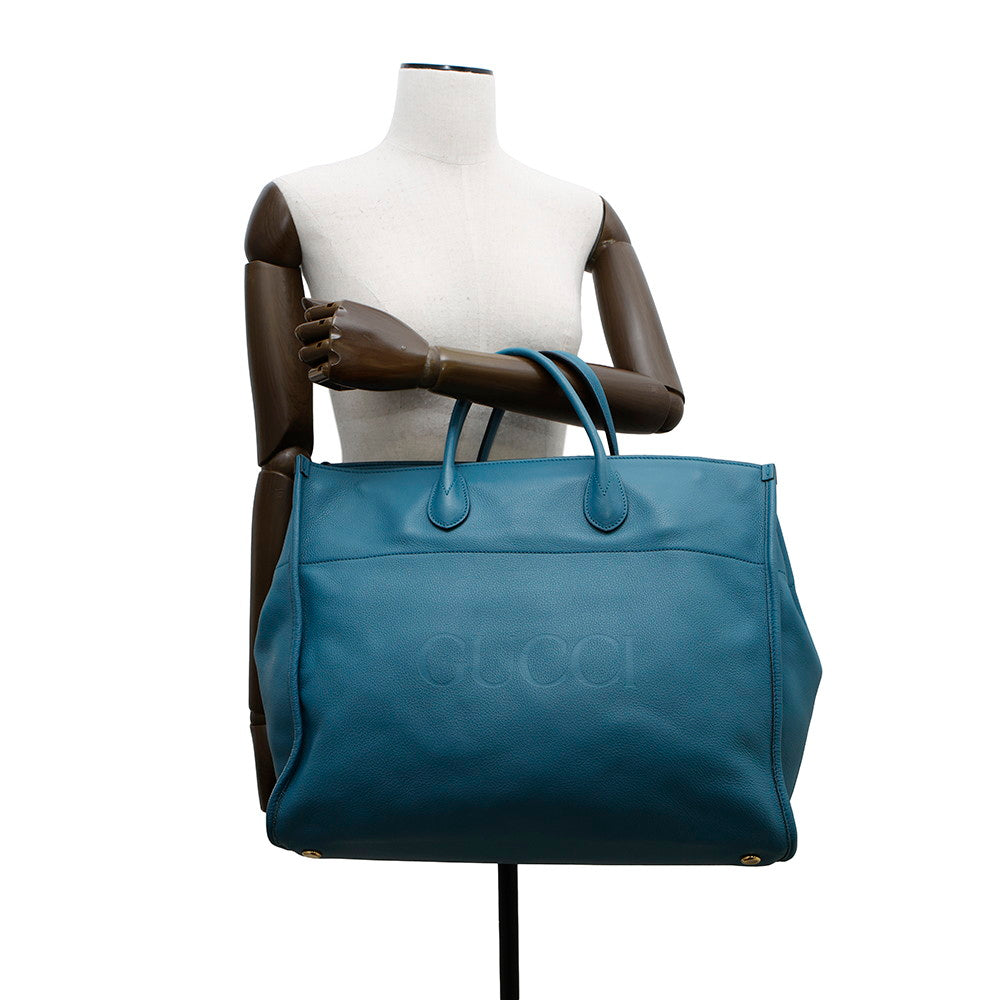 Gucci Logo Tote Bag Light Blue674837 Leather