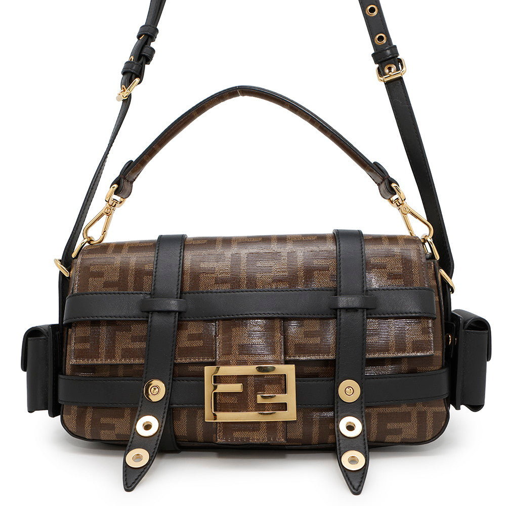 Fendi Flower Zucca Shoulder Bag Black8Br777 Coated Leather Canvas Brown