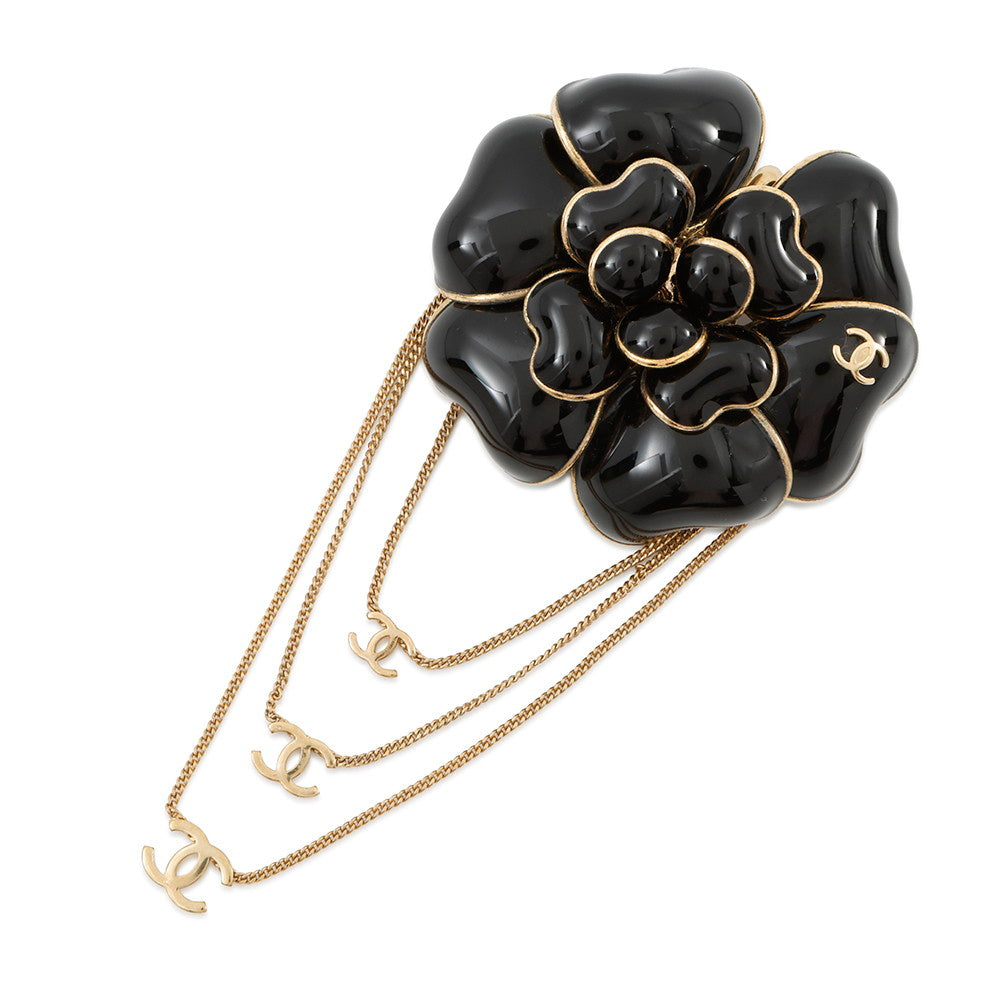 Chanel Camellia CC Logo Brooch Plated Enamel Black Gold Handbag