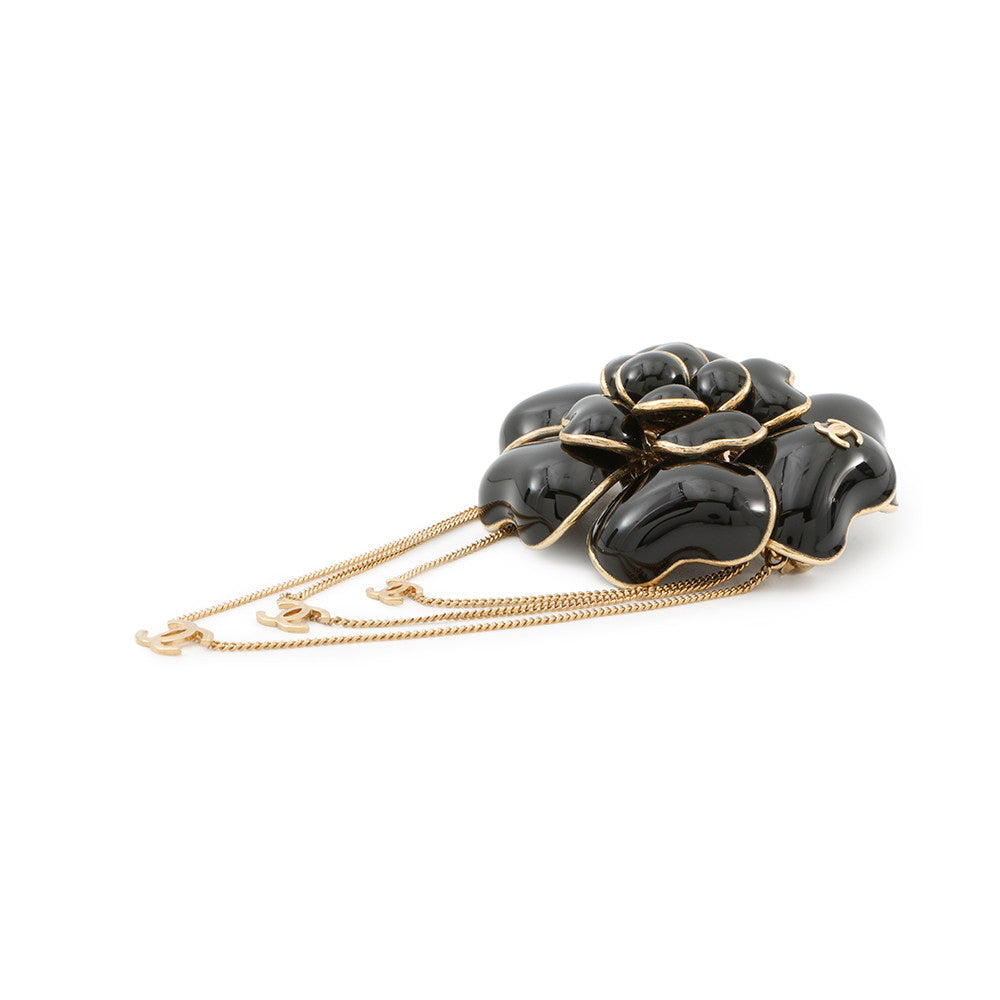 Chanel Camellia CC Logo Brooch Plated Enamel Black Gold Handbag