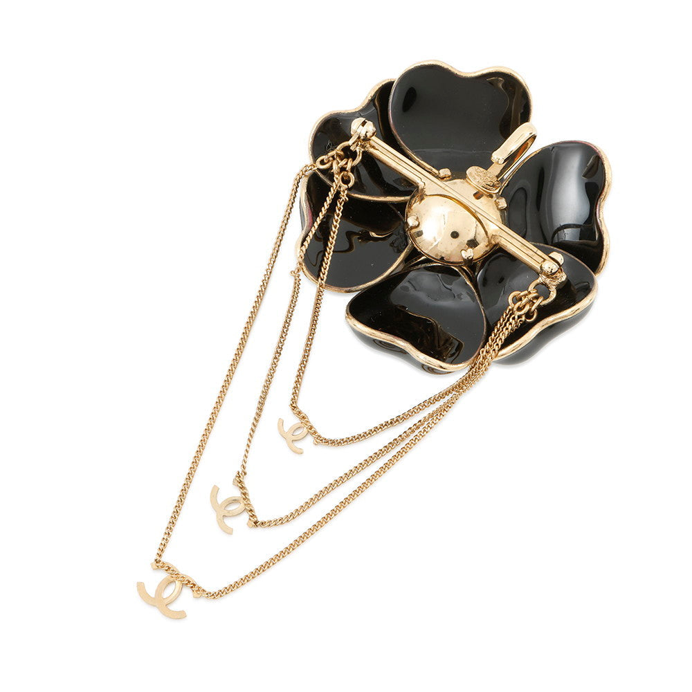 Chanel Camellia CC Logo Brooch Plated Enamel Black Gold Handbag