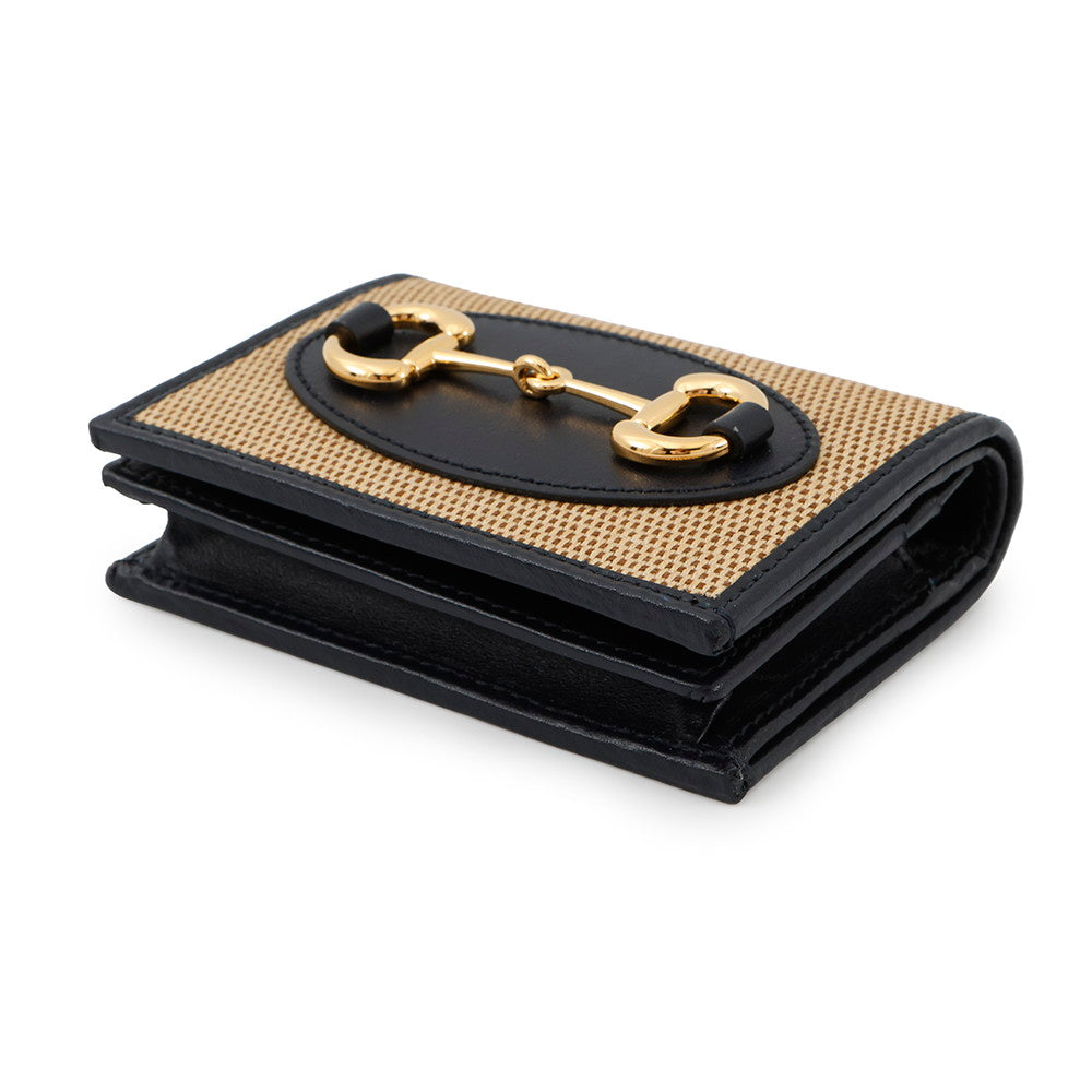 Gucci Horsebit Compact Straw Leather Beige Wallet Case