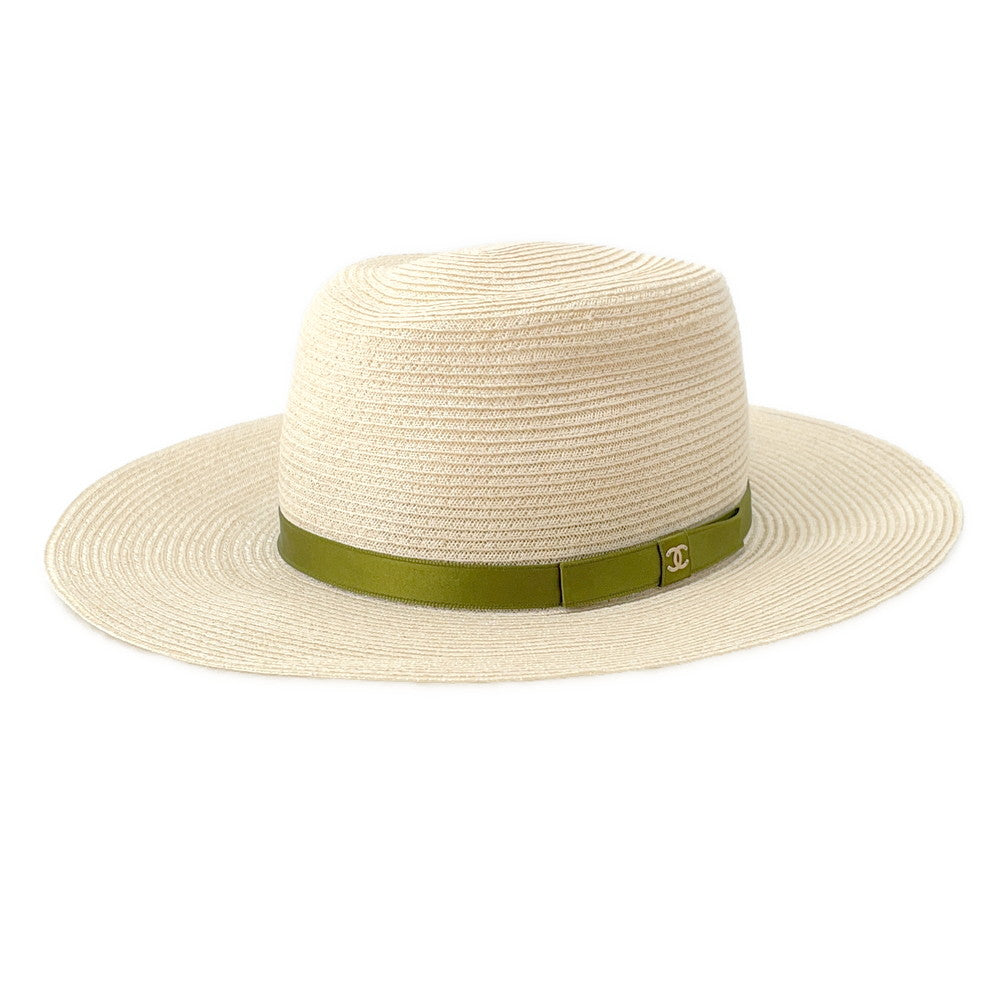 Chanel CC Logo Ribbon Straw Hat Beige