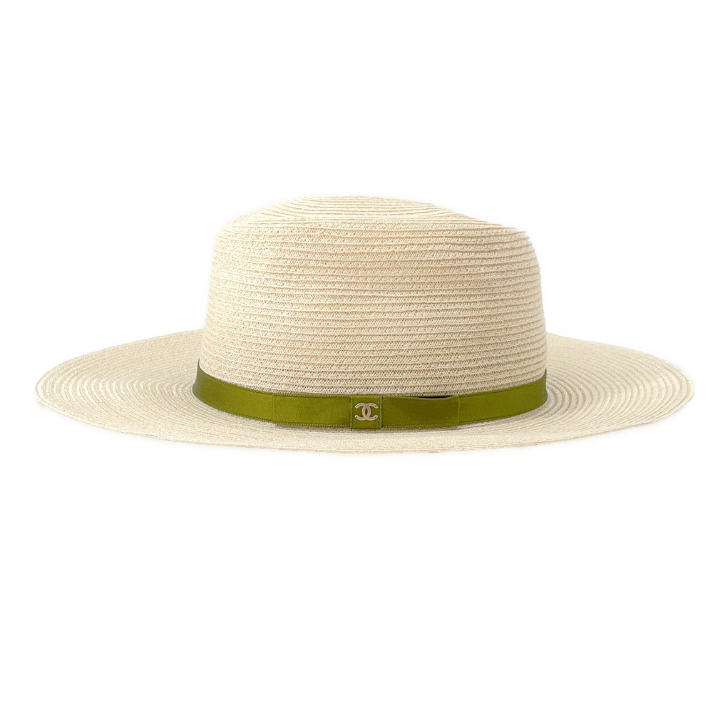 Chanel CC Logo Ribbon Straw Hat Beige