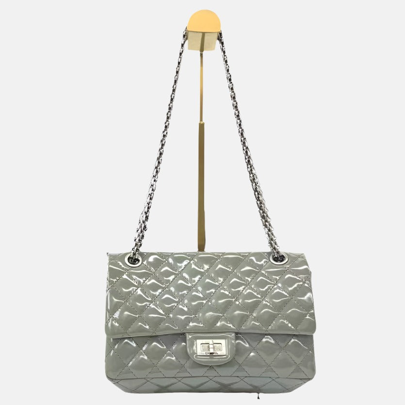 Chanel 2.55 Flap Patent Double Bottom Grey Small Leather Shoulder Bag