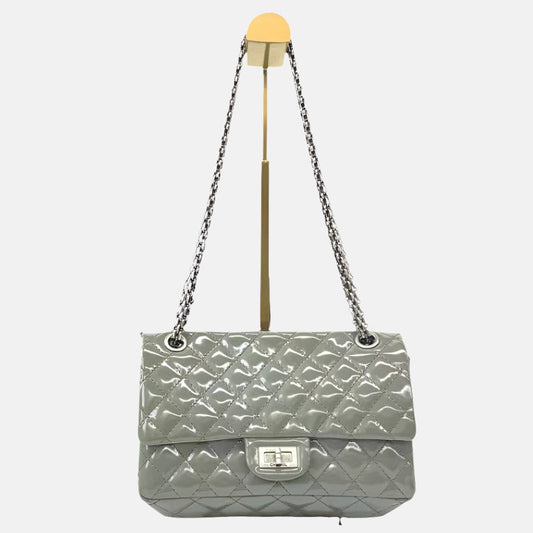Chanel 2.55 Flap Patent Double Bottom Grey Small Leather Shoulder Bag
