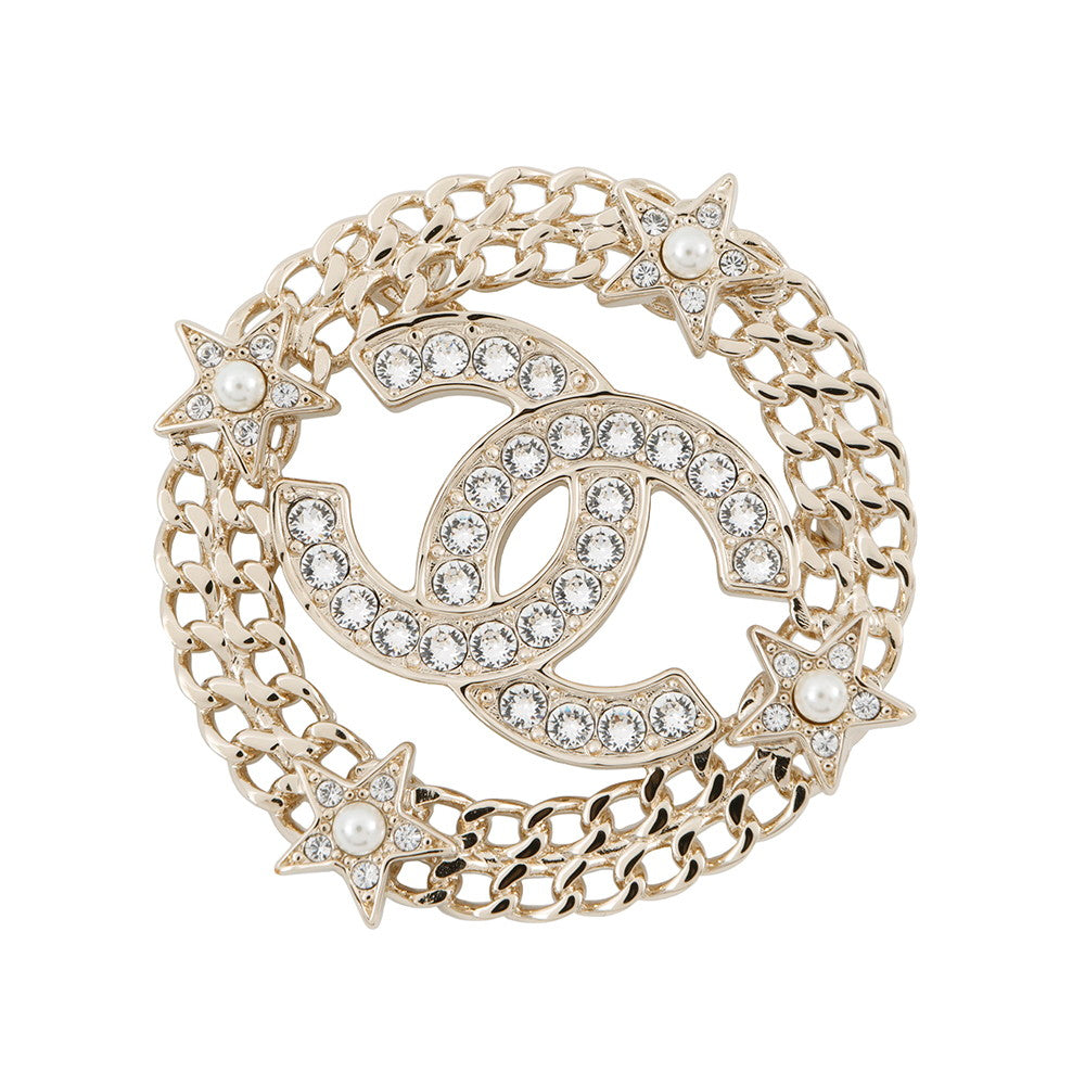 Chanel CC Logo Round Star Brooch Champagne Gold Handbag