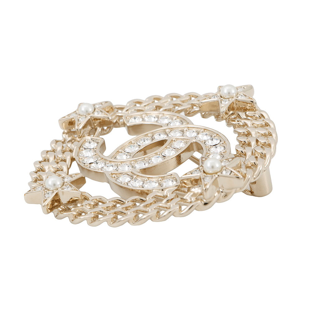 Chanel CC Logo Round Star Brooch Champagne Gold Handbag