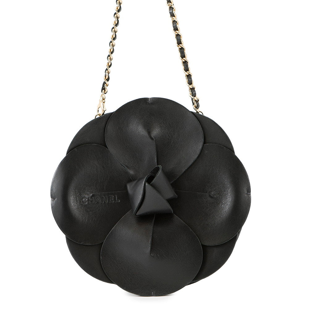 Chanel Camellia ChainPochette Satin Black Leather Clutch Bag