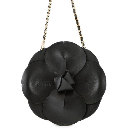 Chanel Camellia ChainPochette Satin Black Leather Clutch Bag