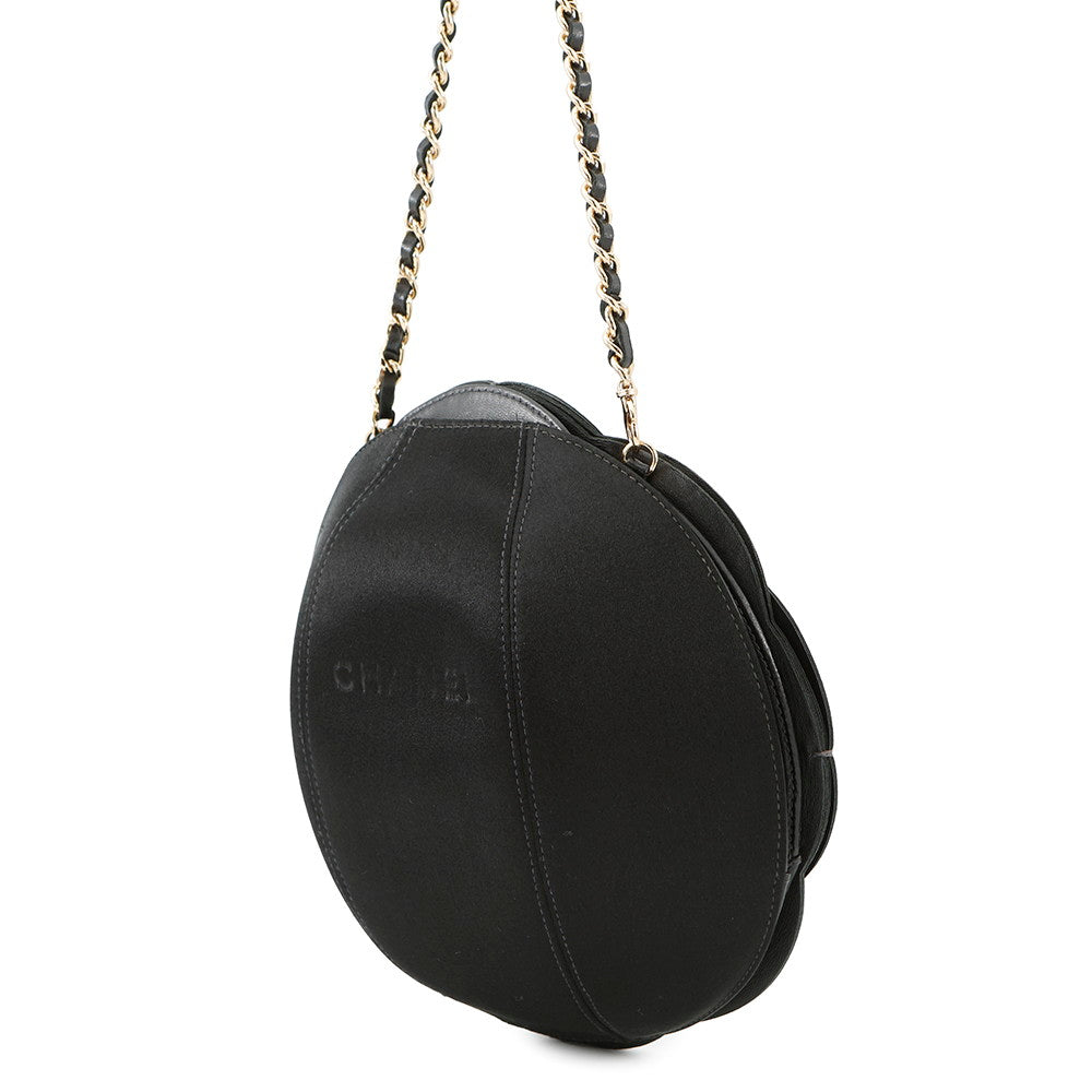 Chanel Camellia ChainPochette Satin Black Leather Clutch Bag