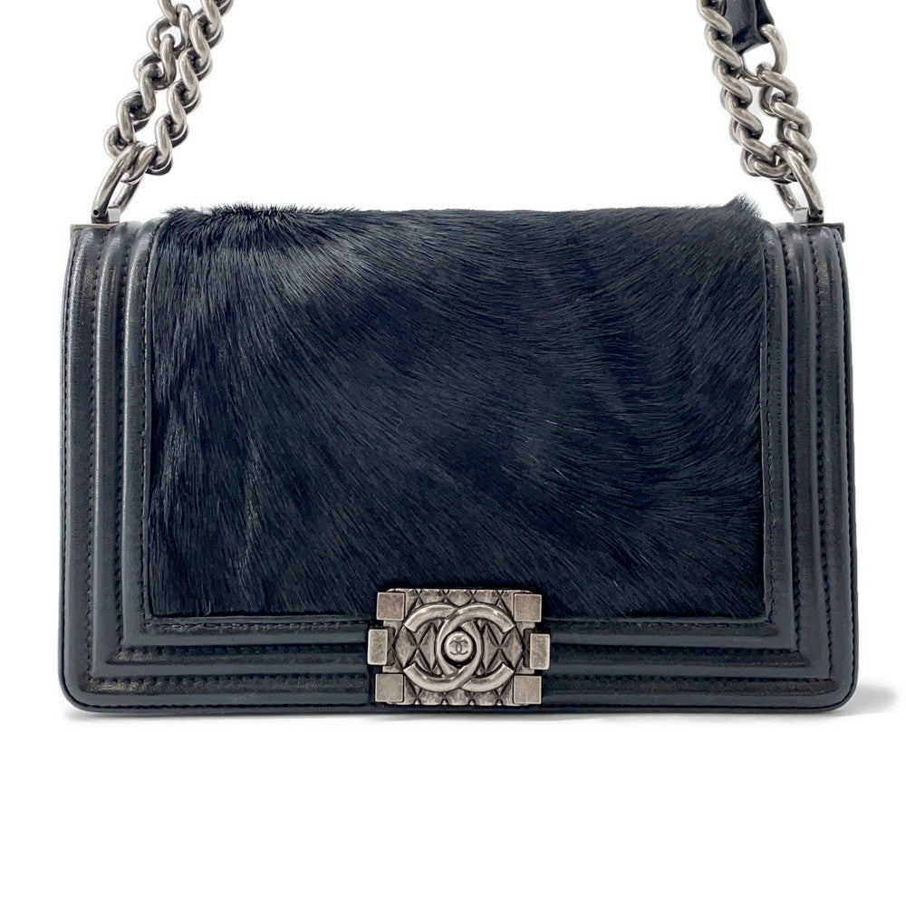 Chanel Boy ChainShoulder Fur Black Leather Shoulder Bag