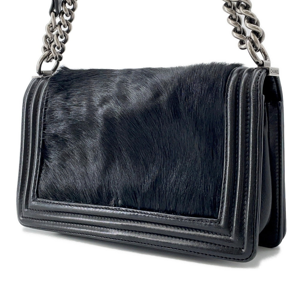 Chanel Boy ChainShoulder Fur Black Leather Shoulder Bag